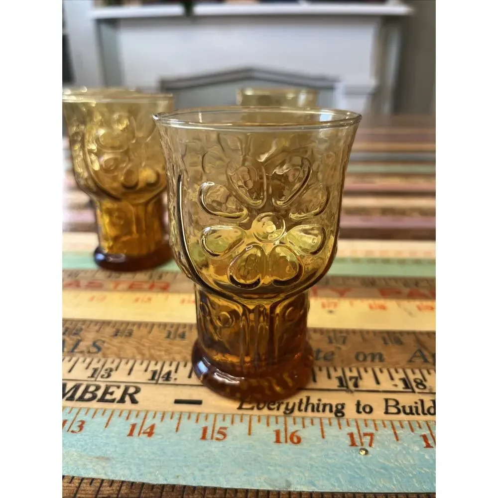 Vintage Libbey Amber Brown Country Garden Daisy Juice Glasses Tumblers Set Of 4